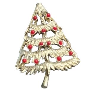 Festive Gold Christmas Tree Brooch with Red Accents